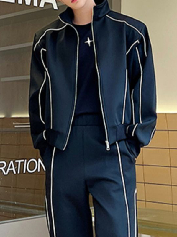 Conjunto de chándal de manga larga con empalme de línea de color en contraste para hombre-1