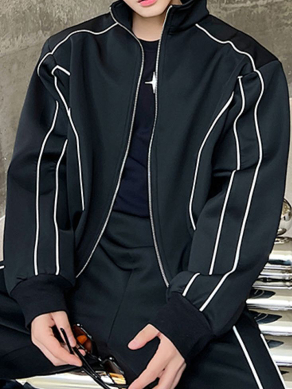 Conjunto de chándal de manga larga con empalme de línea de color en contraste para hombre-2