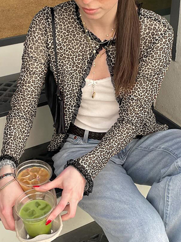 Cárdigan corto con estampado de leopardo en versión de manga larga-1