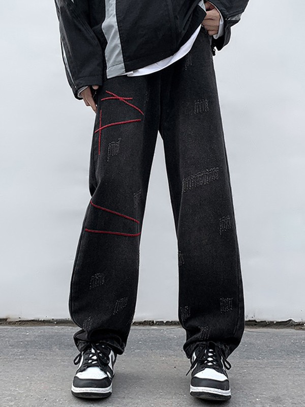 Jeans rectos desgastados cosidos para hombre-2