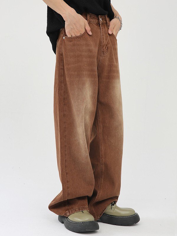 Jeans sueltos de hombre de mezclilla marrón desteñido-2