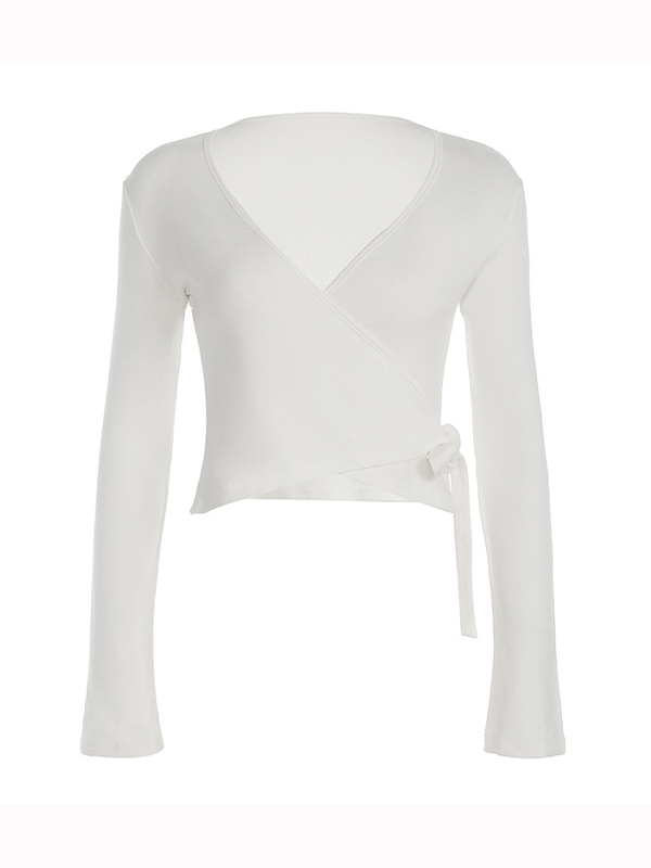 Camiseta de manga larga con cuello en V de color liso-2