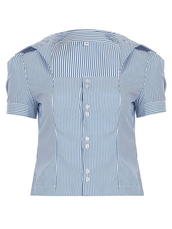 Camisas de manga corta con cuello cuadrado, botones y rayas-3