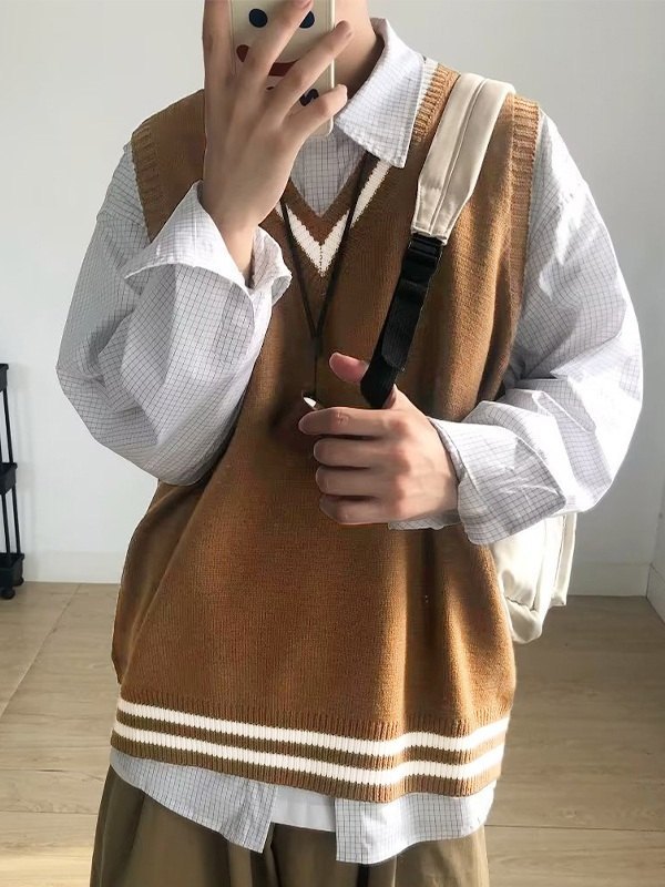 Chaleco de suéter a rayas con cuello en V para hombre-1