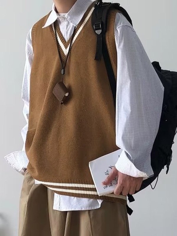 Chaleco de suéter a rayas con cuello en V para hombre-2