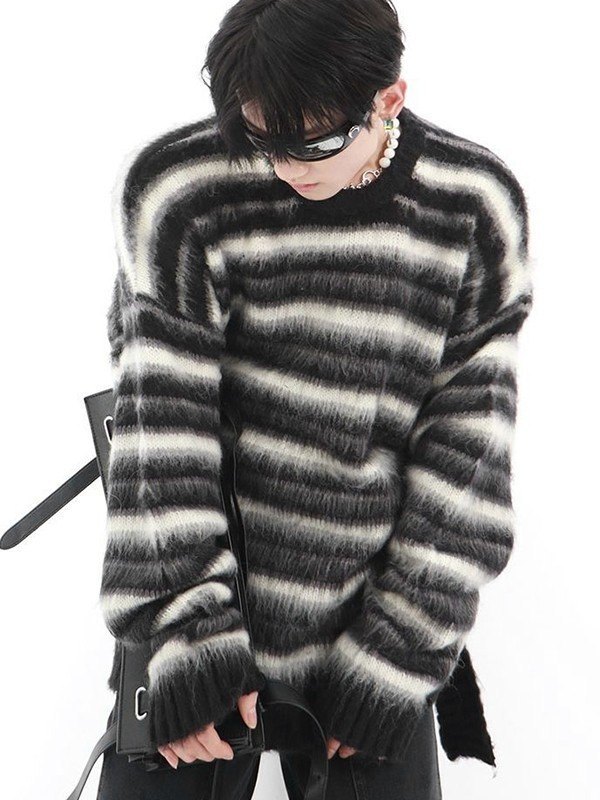 Suéter De Hombre De Punto Fuzzy Con Rayas En Contraste-2