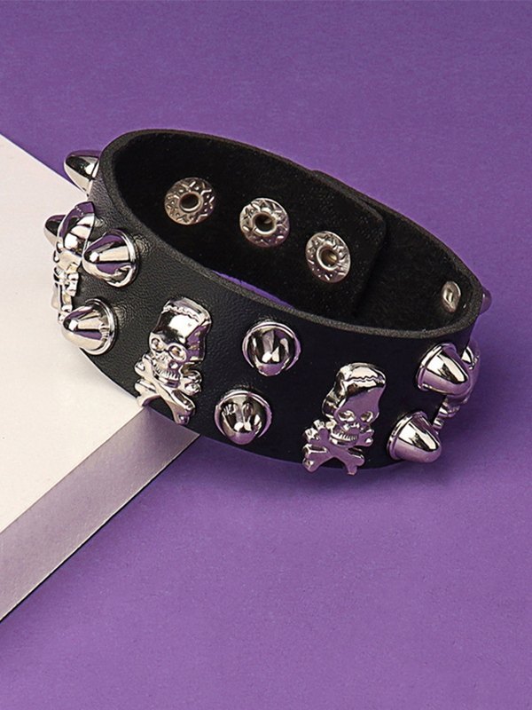 Brazalete de piel sintética gruesa con calavera y remaches punk-1