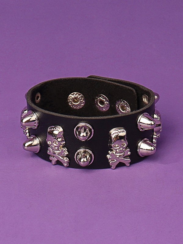 Brazalete de piel sintética gruesa con calavera y remaches punk-2