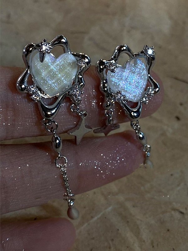 Pendientes con dije de corazón y estrella con borla-3